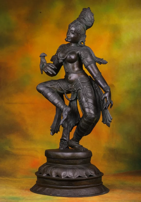 Bronze Dancing Lady Statue with Parrot - South Indian Deity - 30 Inches - Image 2