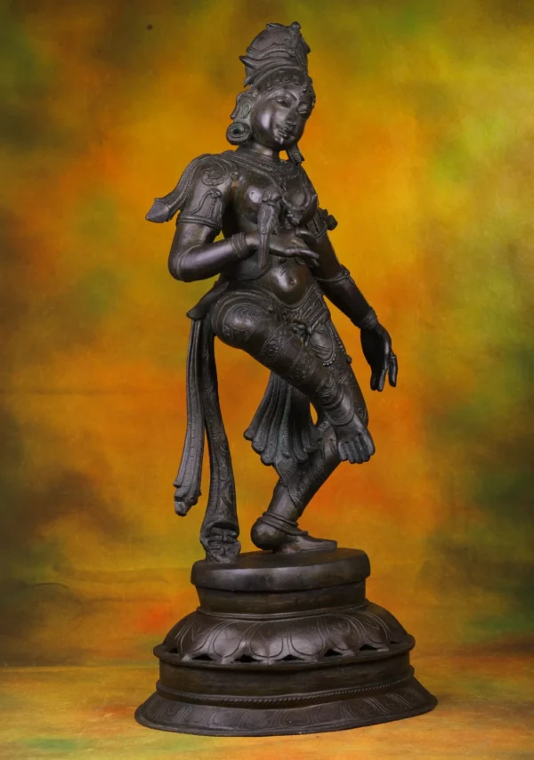 Bronze Dancing Lady Statue with Parrot - South Indian Deity - 30 Inches - Image 3