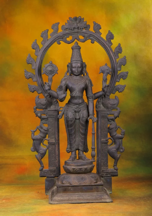 Bronze Reclining Vishnu Statue - Hindu God with Circular Frame - 25 Inches
