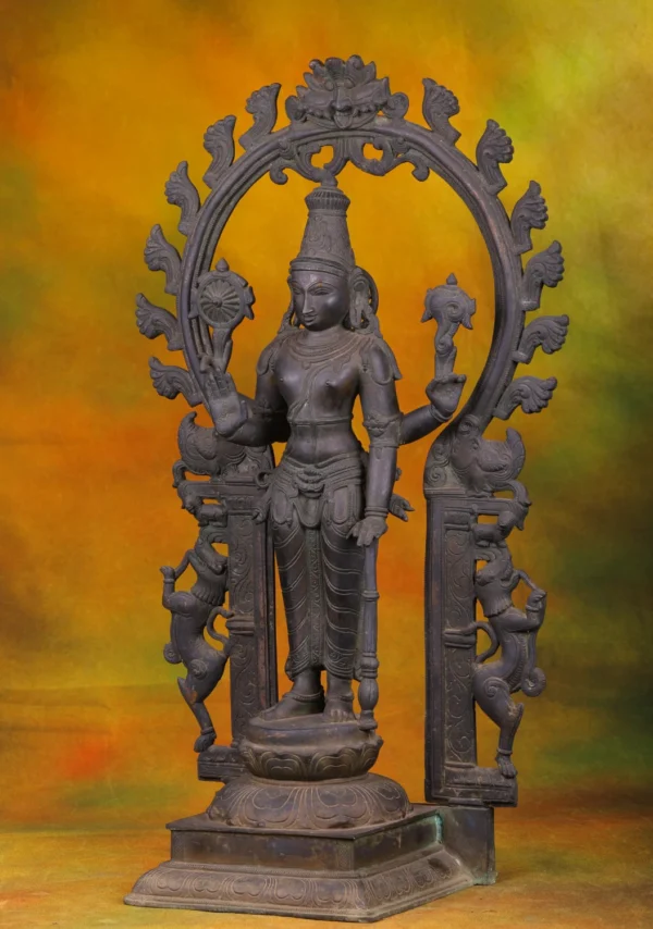 Bronze Reclining Vishnu Statue - Hindu God with Circular Frame - 25 Inches - Image 2