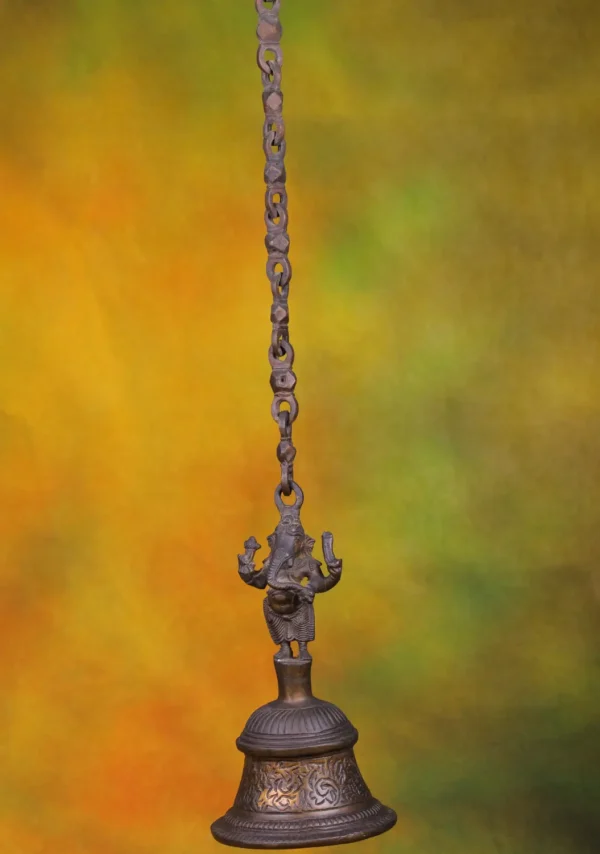 Brass Ganesha Bell - Antique Finish Hanging Decor - 10 Inches