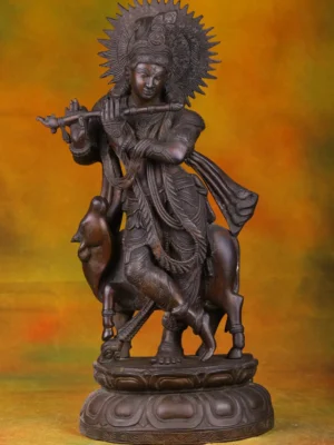 Brass Krishna & Cow Statue - Hindu God with Divine Animal - 19 Inches