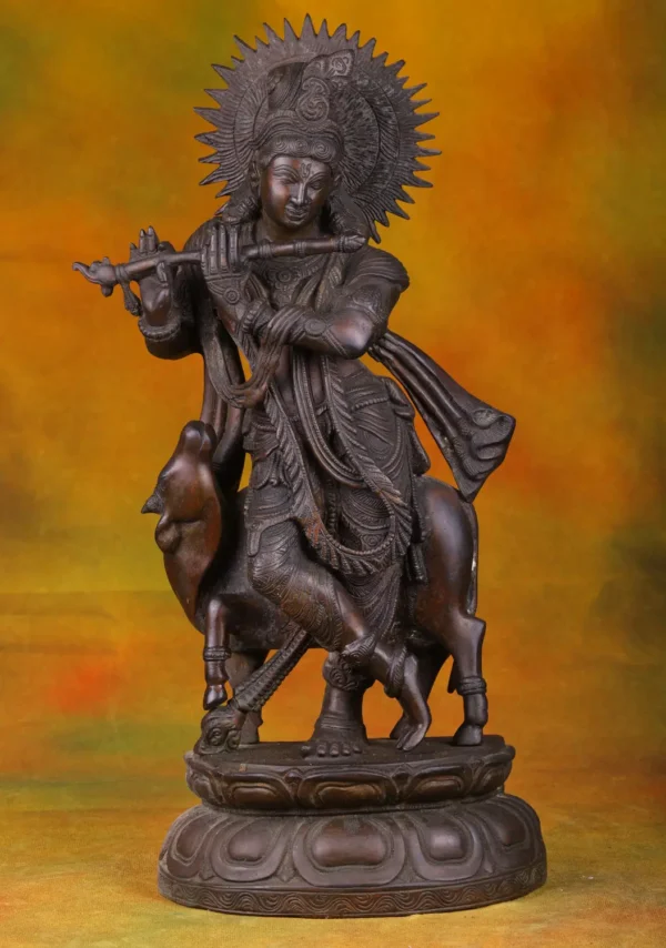 Brass Krishna & Cow Statue - Hindu God with Divine Animal - 19 Inches