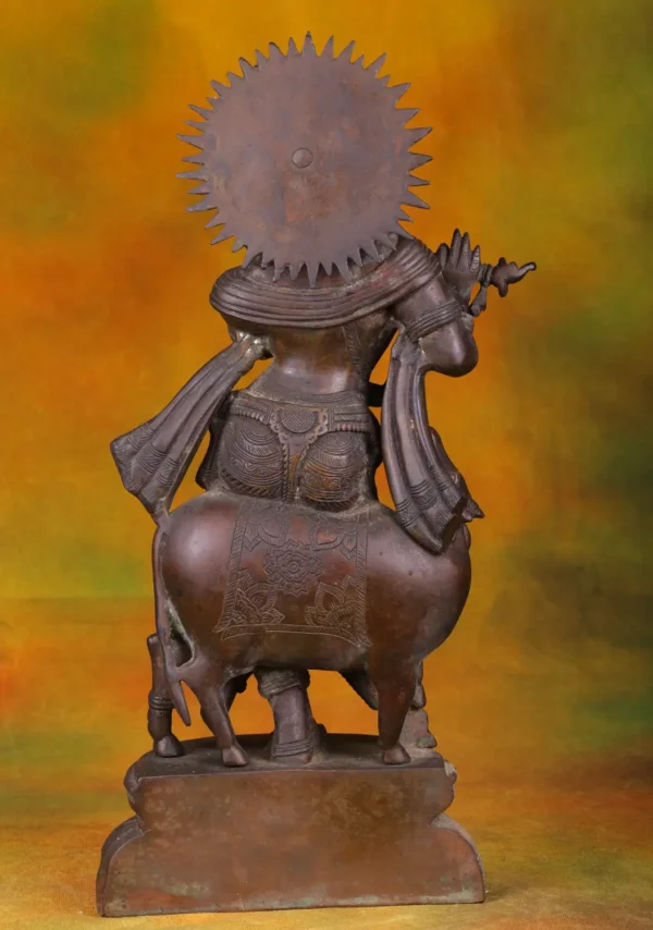 Brass Krishna & Cow Statue - Hindu God with Divine Animal - 19 Inches - Image 4