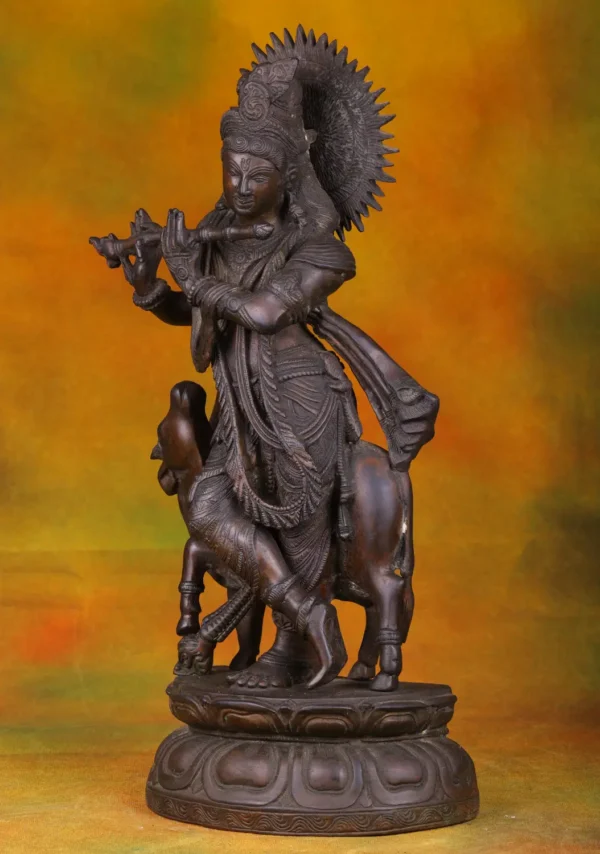 Brass Krishna & Cow Statue - Hindu God with Divine Animal - 19 Inches - Image 2