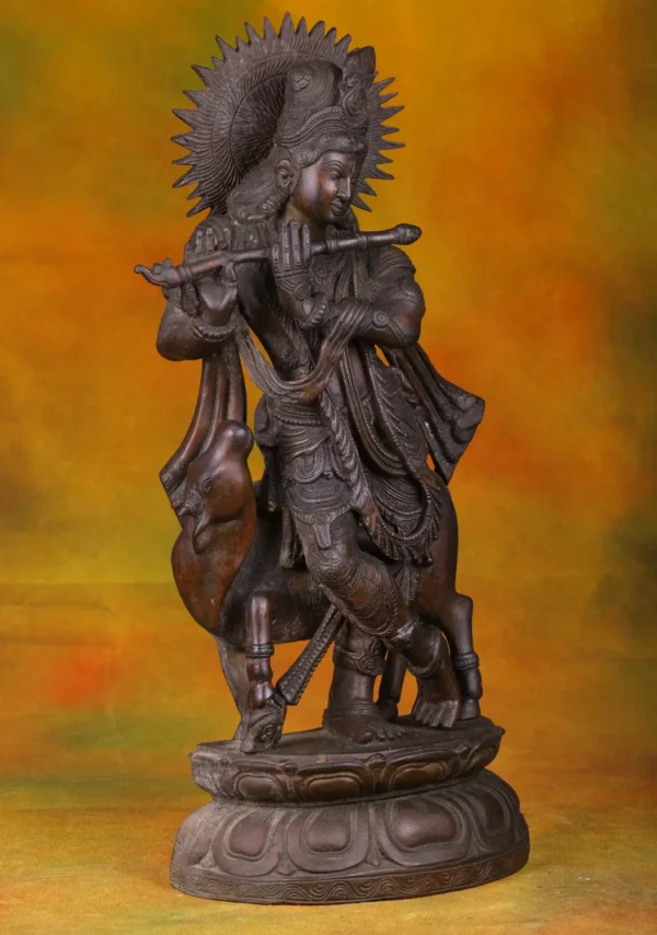Brass Krishna & Cow Statue - Hindu God with Divine Animal - 19 Inches - Image 3