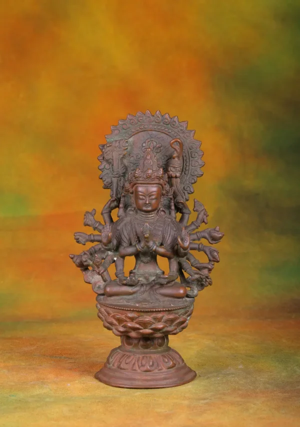 Brass Nepali Vishnu Statue - Multi-Armed Hindu God - 11 Inches
