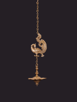 Brass Peacock & Lamp - Hanging Decor with Detailed Chain