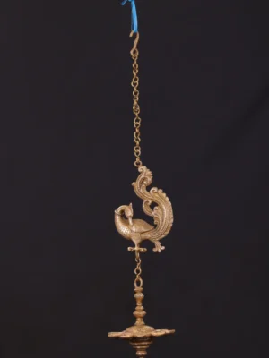 Brass Peacock & Lamp - Hanging Decor with Detailed Chain