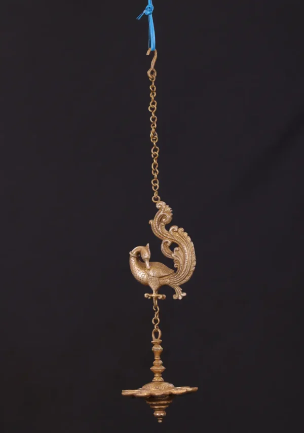 Brass Peacock & Lamp - Hanging Decor with Detailed Chain