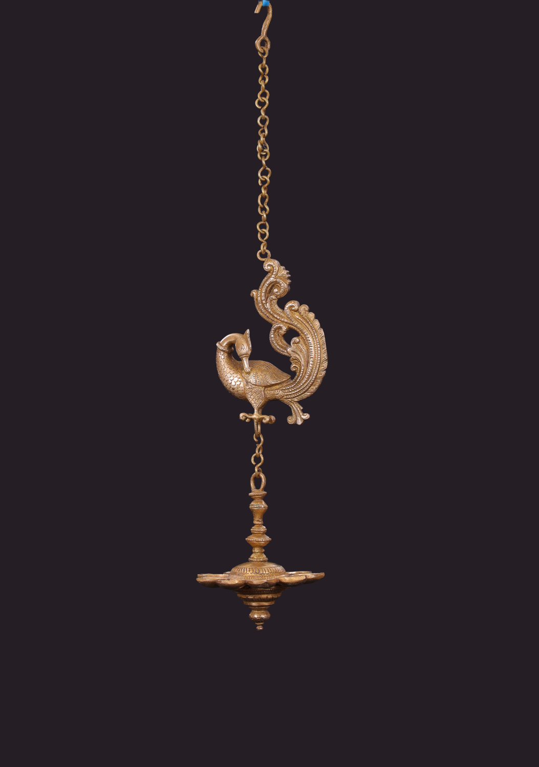 Brass Peacock & Lamp - Hanging Decor with Detailed Chain